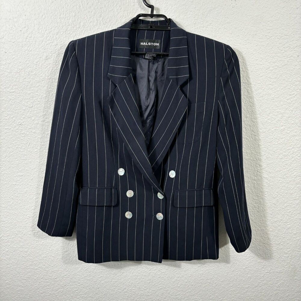 Vintage Halston Blazer Womens 10 Blue Striped Double Breasted Polyester Y2K